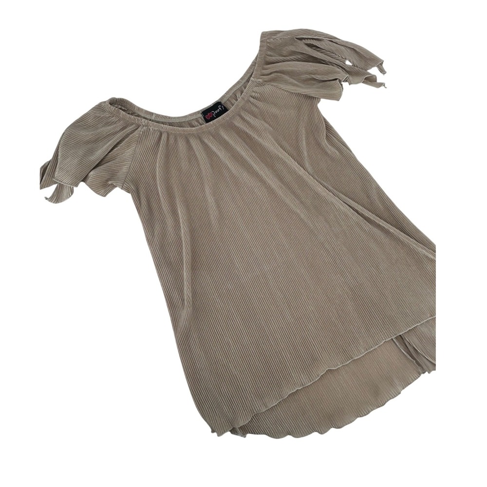 Poof! Womens Large Plisse Pleated Off Shoulder Top Champagne Split Sleeve Blouse